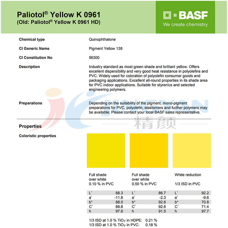 巴斯夫K0961顏料黃TDS技術數(shù)據(jù)表